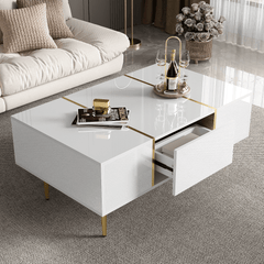 Marble Patterned Countertop Coffee Table with Gold Lines Rectangular Side Table, 2 Drawers, Modern Living Room Coffee Table