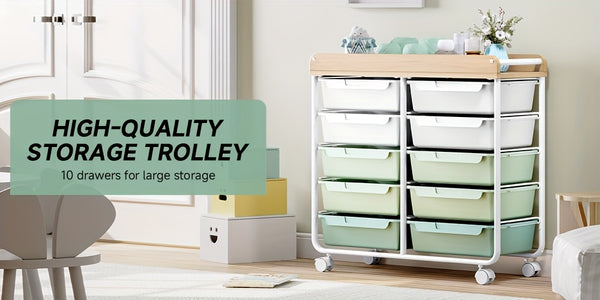 KINGRACK 10 Tier Office Rolling Storage Cart with Large Drawers, Mobile Organizer with Tabletop, Multi-Purpose Utility Cart for Home, Office, And Classroom, Easy to Move with Wheels, Storage Drawer Units