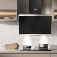 Midea COMFEE' 60cm Angled Cooker Hood Energy Class A++ - Tempered Glass Extractor Hood with Touch Screen, LED Lights, Recirculating & Ducting System, Wall-Mounted Black Kitchen Fan, A Must-Have for Every Home Kitchen