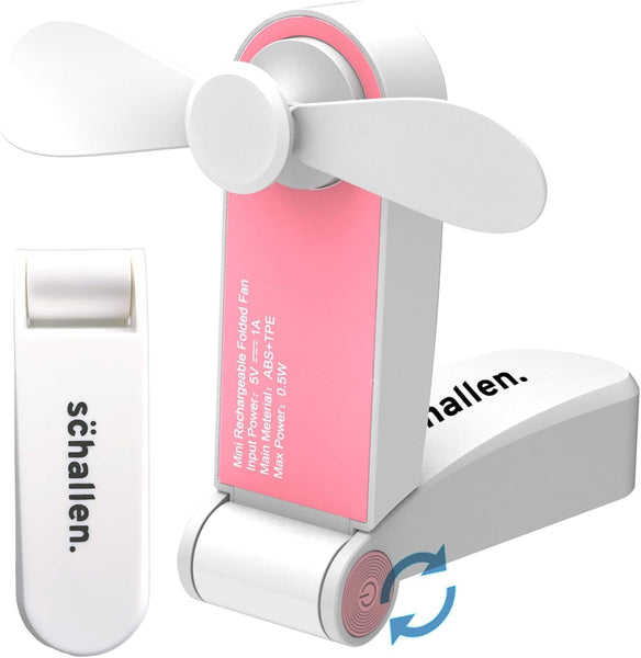 Schallen Portable Mini Folding Pocket Fan USB Rechargeable Electric Handheld Desk Fan Foldable Travel Cooling Fan with Quiet Motor Soft Blades Safe Design Lightweight Personal Fan for Home Office Desk Travel Camping Commuting Summer Cooling Fan (White Gre
