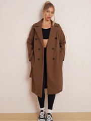 Women's Classy Solid Color Double Breasted Detachable Belted Pocket Pea Coat, Lapel Neck Long Sleeve Outerwear for Fall & Winter