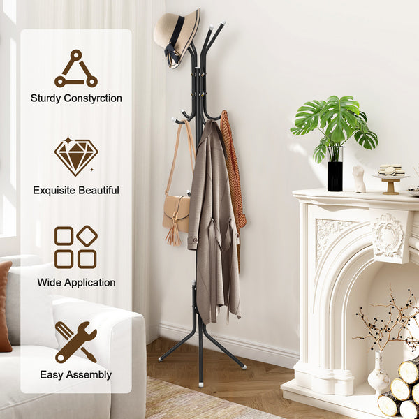 Coat Rack Stand 3-Tier 175cm Tall Metal Coat and Hat Stand with 12 Hooks for Living Room, Bedroom & Hallway