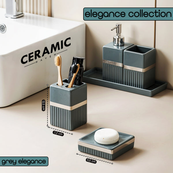 Ceramic Haven Elegance Collection | Set of 5 Luxury Bathroom Accessories | Soap Dispenser, Toothbrush Holder, Multipurpose Holder, Tumbler, Vanity Tray | Stylish Décor & Organizer