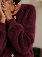 New Autumn Winter Niche Cardigan for Women, Lazy Style Sweater Coat, Wine Red Faux Mink Velvet Round Neck Designer Cardigan, Casual Elegant Autumn Winter Coat, Urban Commuter Basic Versatile, Stylish Casual Vacation Style, Designer Pattern Niche
