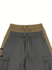 2pcs Men'S Cargo Shorts, Drawstring Waist Multi-Pocket Men'S Shorts