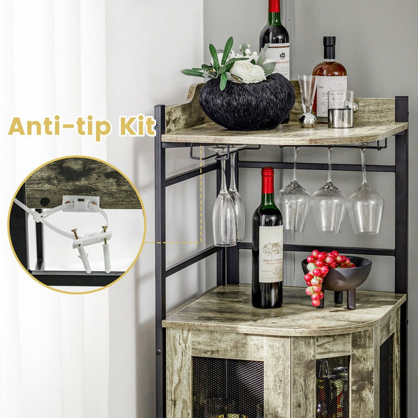 GOFLAME Corner Bar Cabinet Industrial Wine Buffet Cabinet with Glass Holder Mesh Doors