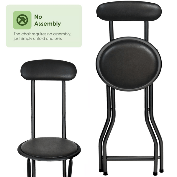 Black Folding Bar Stool Padded High Back Chair Stools For Breakfast Bars Kitchens Foldable Seat Non Slip Feet Durable Frame Lightweight Easy to Fold Ready to Use