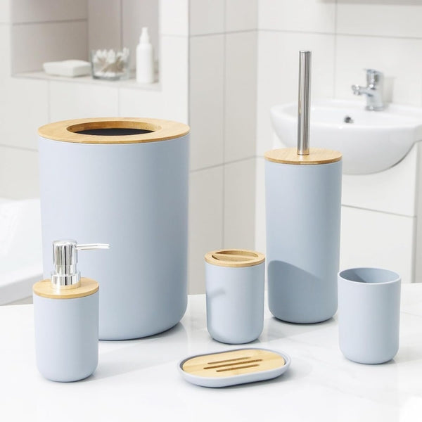 6pc Grey Black White Bathroom Accessories- Bathroom Bin And Toilet Brush Set- Durable Toothbrush Holder Cup- Soap Dispenser With Pump- Soap Dish Holder