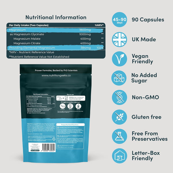 Magnesium Glycinate 3-In-1 Complex - 1800Mg Supplements as Bisglycinate, Citrate & Malate 90 Vegan Capsules, Triple High Absorption 384Mg Elemental, UK Made