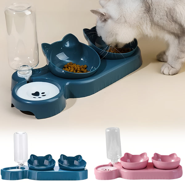 A 3-In-1 Pet Bowl That Includes a Cat Bowl, Spoon, And Cup, Available Locally for Food And Water. This Triple Cat Bowl Features a Plastic Raised Dish And an Automatic Water Bottle