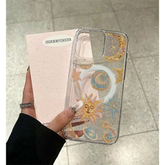 Phone Case: Sun Moon Star Embroidery Print Transparent Magnetic Acrylic Phone Case Easy Charging Compatible with iPhone 11 12 13 14 15 16 17 Pro Max Plus Air