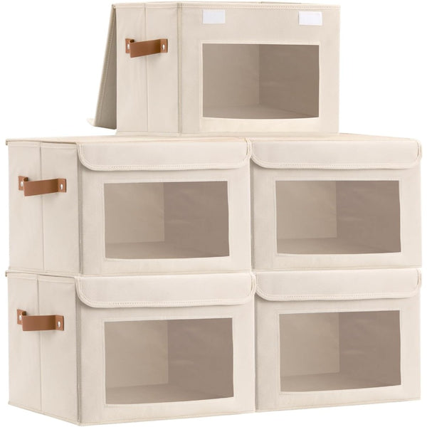 5 Packs Foldable Storage Bins with Lids 39*25*25cm Cube Organizer Baskets with Clear View Window & Handles, Fabric Storage Cubes for Closet, Shelf & Home Organization