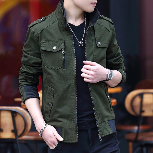 Men'S Solid Color Plaid Lining Cargo Jacket Autumn And Winter Multi-Pocket Design Stylish Long Sleeve Stand Collar Street Jacket Outdoor Coat Locomotive Jacket