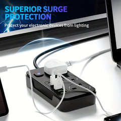 9-in-1 Power Strip Surge Protector, Power Socket/ Power Board/ Extension Cord, 3250W, 13A, Portable Power Socket, Overload Protection, 3 AC Power Sockets, 6 USB Ports, Suitable for Home, Kitchen, Office Or Hotel Use
