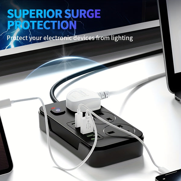3-outlet Power Strip/ Power Socket/ Extension Cord with 3 USB-A And 3 USB-C Ports, Compatible with 220V-240V, 1.8m Cable, UK Plug, Suitable for Home, Kitchen, Outdoor, Hotel, Office, Cruise Vacation.