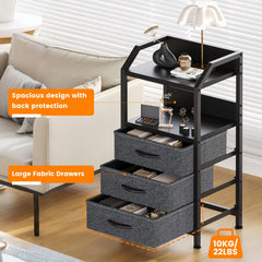 Modern Black Fabric Drawer Nightstand with Open Shelves - Engineered Wood & Metal Frame, 3 Drawers & Open Shelf, Compact 68.58cm Height, 3, 2 Cu Ft Storage, Easy Assembly for Bedroom, Living Room, Dorm, Office, Bedroom Storage, Contemporary Design, Sturdy