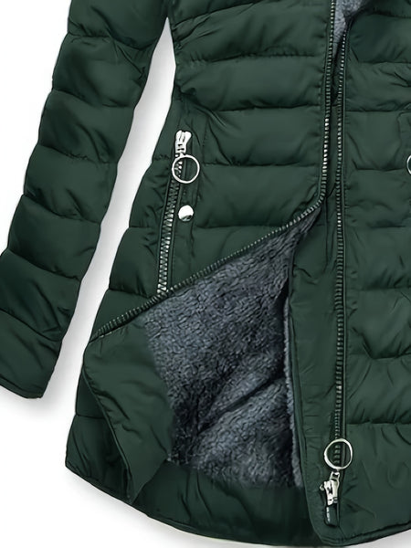 Women's Winter Fleece-Lined Hooded Jacket - Mid-Length Relaxed Fit Coat with Zipper Front, Long Sleeve Casual Outerwear for Cold Weather