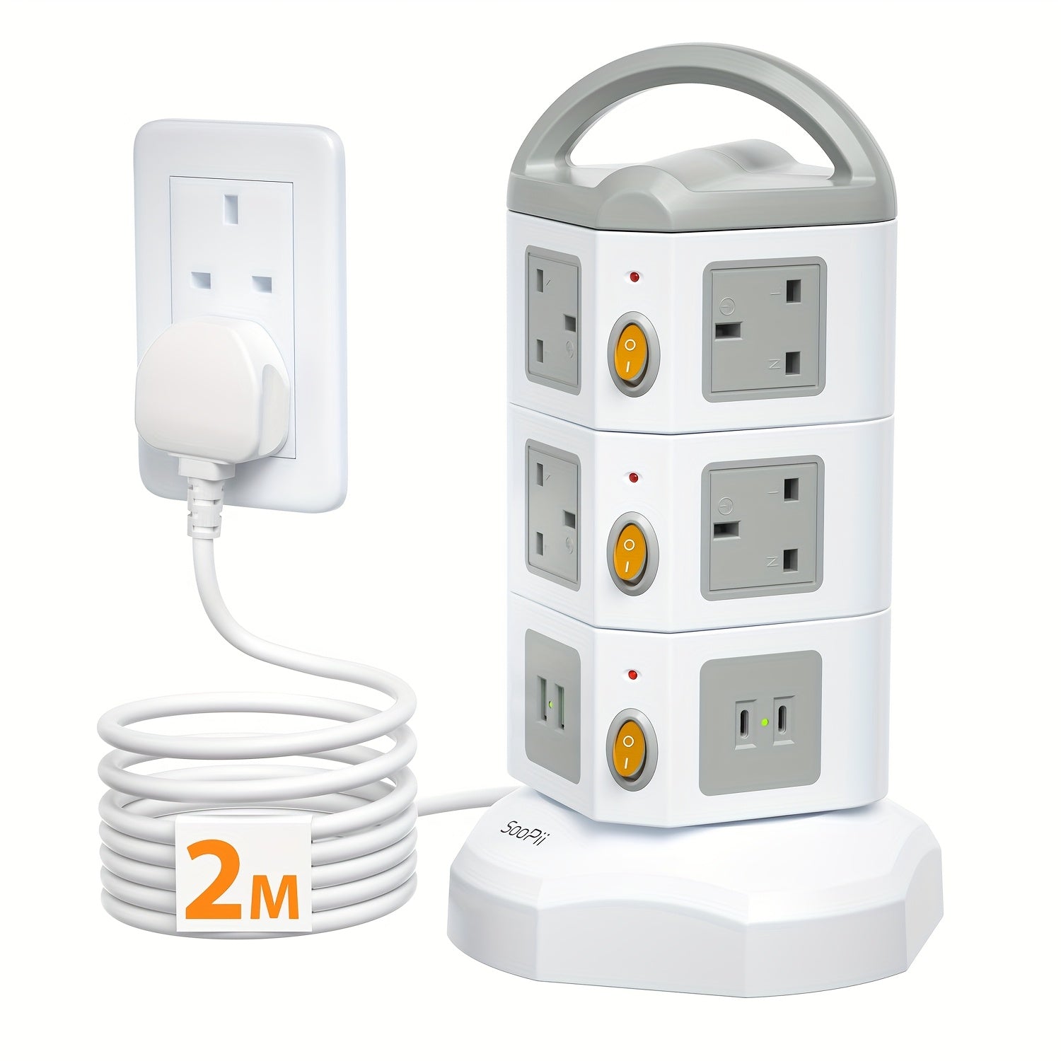 SooPii 10-Outlet Power Tower with 4 USB, Multi Plug Power Extension Strip with 10AC Outlets, 2 USB & 2 USB-C Ports, Surge Protector, 2m Extension Cable, 4000W/16A Extension Power Cord for Home Office, White, Christmas Gifts, Gifts.