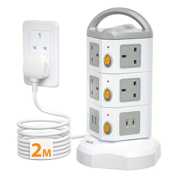 SooPii 10-Outlet Power Tower with 4 USB, Multi Plug Power Extension Strip with 10AC Outlets, 2 USB & 2 USB-C Ports, Surge Protector, 2m Extension Cable, 4000W/16A Extension Power Cord for Home Office, White, Christmas Gifts, Gifts.