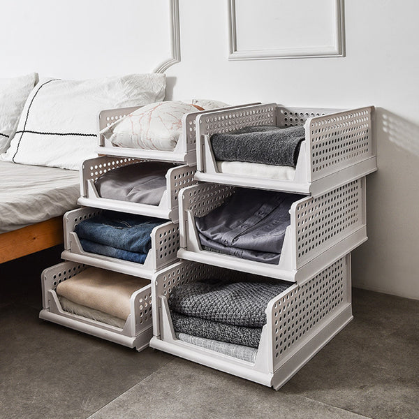 4 Pack Stackable Folding Clothing Storage Basket Drawers Wardrobe Closet Organizer Plastic Clothes Partition Shelf Stackable Hamper Bathroom, Bedroom, Office