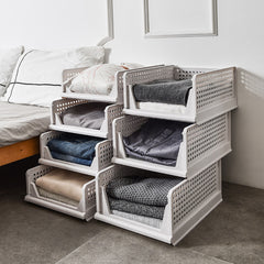 4 Pack Stackable Folding Clothing Storage Basket Drawers Wardrobe Closet Organizer Plastic Clothes Partition Shelf Stackable Hamper Bathroom, Bedroom, Office