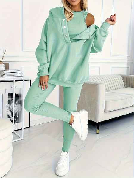 Three-Piece Set Including a Women'S Hoodie, Slim-Fit Pants, And a Vest, Perfect for And Casual Daily. It Offers a Style, Ideal for And Travel, Featuring Buttons, Pockets, And a Trendy .