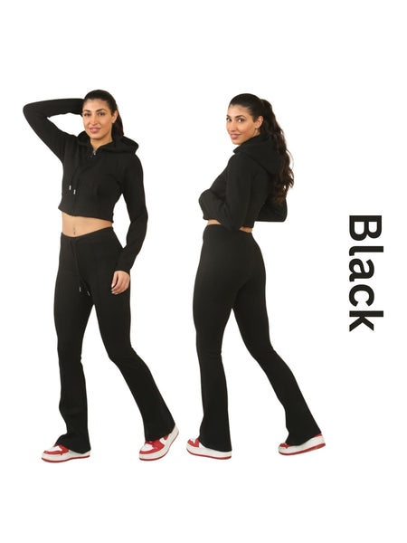 ZIPLORE Women'S Cropped Zip Hoodie and High-Waisted Bell Bottom Trousers Lounge Set for Casual, Athleisure & Streetwear - Suits, Womenswear Long Sleeve Minimalist Suits Womenswear Comfort Adjustable Clothing Drawstring Elegant Everyday Chic Loungewear Mat