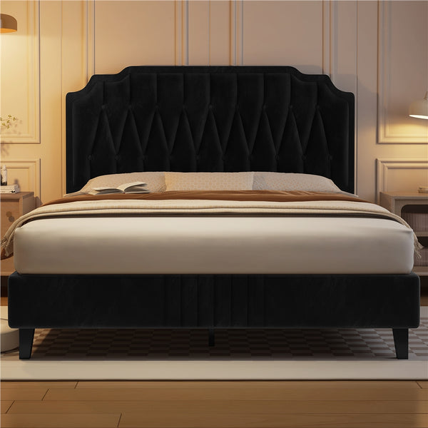 Costoffs Double/King Bed Frame Upholstered Platform Bed with Adjustable Button Tufted Headboard/Velvet Fabric/Mattress Foundation/Sturdy Wooden Slat Support, No Box Spring Needed, Black/Beige/Dark Grey/Light Grey