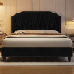 Costoffs Double/King Bed Frame Upholstered Platform Bed with Adjustable Button Tufted Headboard/Velvet Fabric/Mattress Foundation/Sturdy Wooden Slat Support, No Box Spring Needed, Black/Beige/Dark Grey/Light Grey