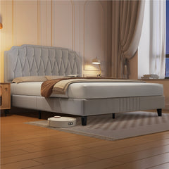 Costoffs Double/King Bed Frame Upholstered Platform Bed with Adjustable Button Tufted Headboard/Velvet Fabric/Mattress Foundation/Sturdy Wooden Slat Support, No Box Spring Needed, Black/Beige/Dark Grey/Light Grey
