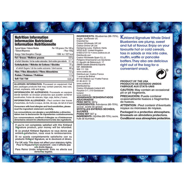 Kirkland Signature Whole Dried Blueberries, 567G