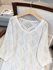 Plus Size - Plus Size - Plus Size Women'S Cashew Flower Loose Temperament Hollow Round Neck Pullover Long Sleeve Sweater