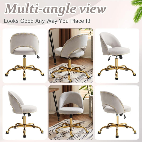 Office Chair Velvet Fabric Swivel Computer Desk Chair Comfy Armless Vanity Task Chair With Adjustable Height, Ergonomic Chair for Home Bedroom (Delicate Lilac)