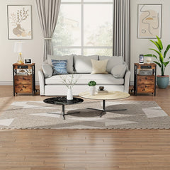 X-shaped Bedside Table with Charging Station | 2 USB Ports, 2 AC Outlets, 2 Drawers, Rustic Brown, 38 x 28 x 60 cm, HOOBRO