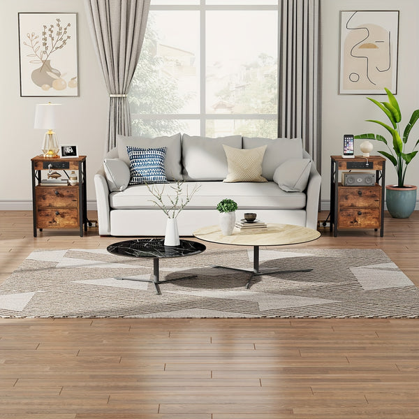 X-shaped Bedside Table with Charging Station | 2 USB Ports, 2 AC Outlets, 2 Drawers, Rustic Brown, 38 x 28 x 60 cm, HOOBRO