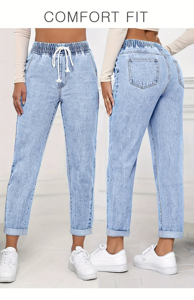 Ladies' 2026 New Stretch Elastic Drawstring Slim Cropped Jeans, Acid Wash Blue Cuff Straight Denim Trousers, Elegant Women's Clothing, Tapered Pantalones for All Seasons, Mom Pants with Pockets, High Waisted Tummy Control Travel Casual Pants