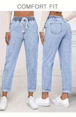 Ladies' 2026 New Stretch Elastic Drawstring Slim Cropped Jeans, Acid Wash Blue Cuff Straight Denim Trousers, Elegant Women's Clothing, Tapered Pantalones for All Seasons, Mom Pants with Pockets, High Waisted Tummy Control Travel Casual Pants