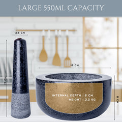 Homiu Granite Pestle and Mortar Set – Large 16 cm Solid Natural Stone Grinder for Spices, Herbs, Seeds & Garlic – Durable Non-Porous Granite Bowl