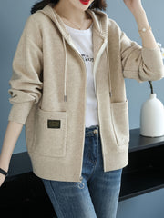 Women's New Fashionable Hooded Sweater, Outerwear with Hood, Cashmere Cardigan Autumn Wear, Drawstring Hood Design, Loose Fit, Cashmere Fabric Texture, Suitable for Women Who Pursue Comfort, Fashion and Warmth.