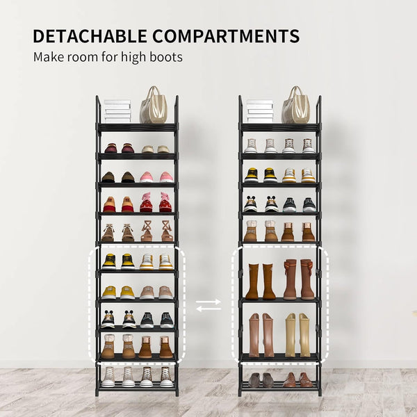 Shoe Rack 10 Tiers Shoe Storage Organiser, Sturdy Space-saving Shelf Tall Shoe Racks, Up to 20-25 Pairs Narrow Shoes Rack Stand for Dress Bedroom, Bathroom, Hallway, Outdoor, 30D x 40W x 175H cm,Black