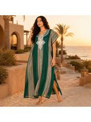 Women Boho Kaftan Dress Long Embroidered Beach Cover Up Lightweight Summer Kaftan Maxi Dress Loose Fit Swimwear Cover Up Holiday Beachwear Gandouri