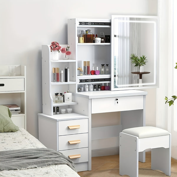 Dressing Table with LED Lights And Adjustable Brightness, Vanity Desk with Mirror, 4 Drawers, 6 Hidden Shelves, And Stool, Makeup Desk for Bedroom, Modern Makeup Table with Mirror And Chair (White)