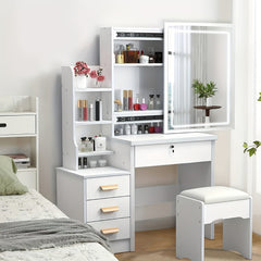 Dressing Table with LED Lights And Adjustable Brightness, Vanity Desk with Mirror, 4 Drawers, 6 Hidden Shelves, And Stool, Makeup Desk for Bedroom, Modern Makeup Table with Mirror And Chair (White)