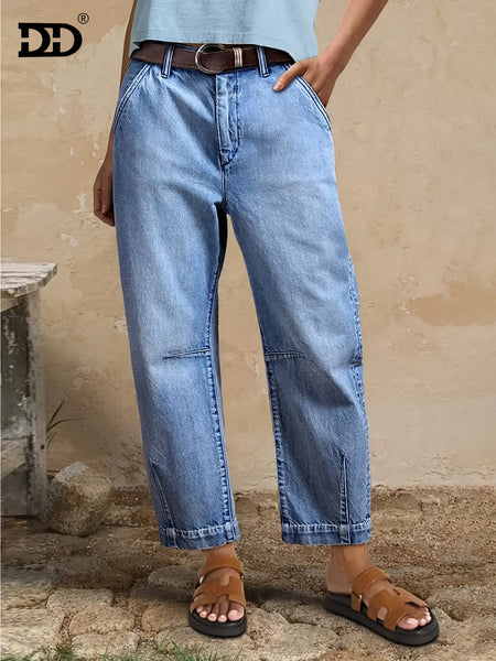 DD Women's 2026 New Stretchy Loose Cropped Jeans, Washed Blue Barrel Denim Trousers, Street Style Ladies' Outfit, Mid-waisted Pantalones with Pockets, 4 Seasons Weared Tummy Control Mom Pants Wide Leg Boyfriend Casual Pants for Travel Work and Office