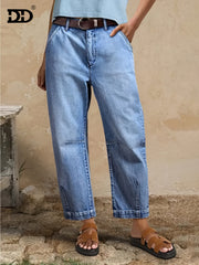 DD Women's 2026 New Stretchy Loose Cropped Jeans, Washed Blue Barrel Denim Trousers, Street Style Ladies' Outfit, Mid-waisted Pantalones with Pockets, 4 Seasons Weared Tummy Control Mom Pants Wide Leg Boyfriend Casual Pants for Travel Work and Office