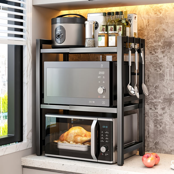 2/3 Layer Expandable Kitchen Microwave Stand with 6 Hooks, Designed for Efficient Utensil Organization, Adjustable Width Fits Most Microwaves, Promoting Orderliness And Ease In The Kitchen Festival Gifts