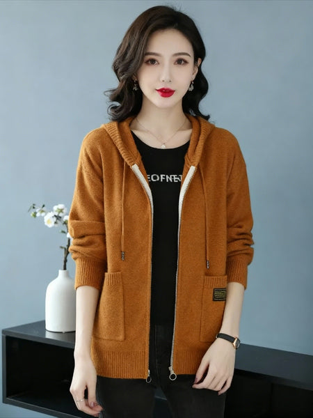 Women's New Fashionable Hooded Sweater, Outerwear with Hood, Cashmere Cardigan Autumn Wear, Drawstring Hood Design, Loose Fit, Cashmere Fabric Texture, Suitable for Women Who Pursue Comfort, Fashion and Warmth.