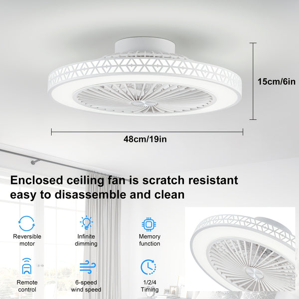 48cm Modern Ceiling Fan, Symmetrical Enclosed Fan Light Design, 6 Speeds Adjustable 3 Color Dimmable Reversible LED Ceiling Fan, 1/2/4h Timer, Remembers Your Lighting Settings, for Bedrooms, Living Rooms, And Kitchens, Available In Black Or White