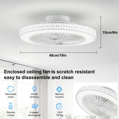 48cm Modern Ceiling Fan, Symmetrical Enclosed Fan Light Design, 6 Speeds Adjustable 3 Color Dimmable Reversible LED Ceiling Fan, 1/2/4h Timer, Remembers Your Lighting Settings, for Bedrooms, Living Rooms, And Kitchens, Available In Black Or White