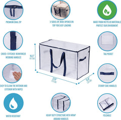 VENO 8 Pack Extra Large Moving Storage Bags with Zips, Heavy-Duty Organizer Tote, Moving Box Alternative, Packing Supply, Clothes Storage Bin, Tag Pocket for Label, Water-Resistant (Clear, 8 Pack)